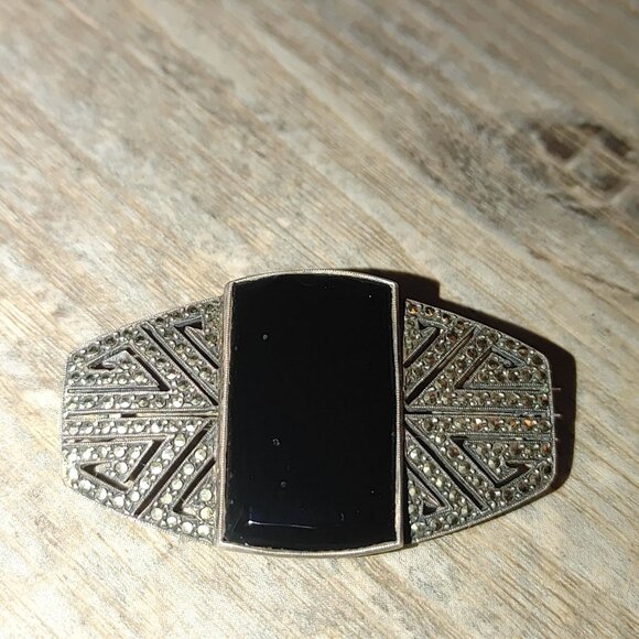 Brooch Antique Art Deco Sterling Silver Black Onyx Brooch Pin Made In Germany - Picture 4 of 15